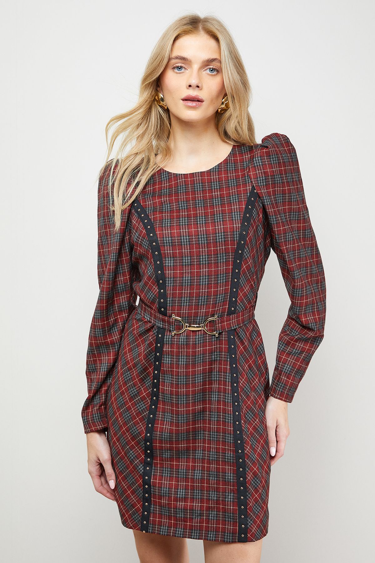 Oasis Checked Belted Crew Neck Mini Dress Burgundy