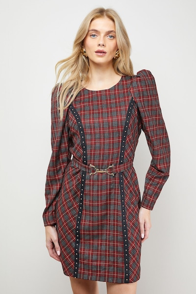 Oasis Checked Belted Crew Neck Mini Dress Burgundy