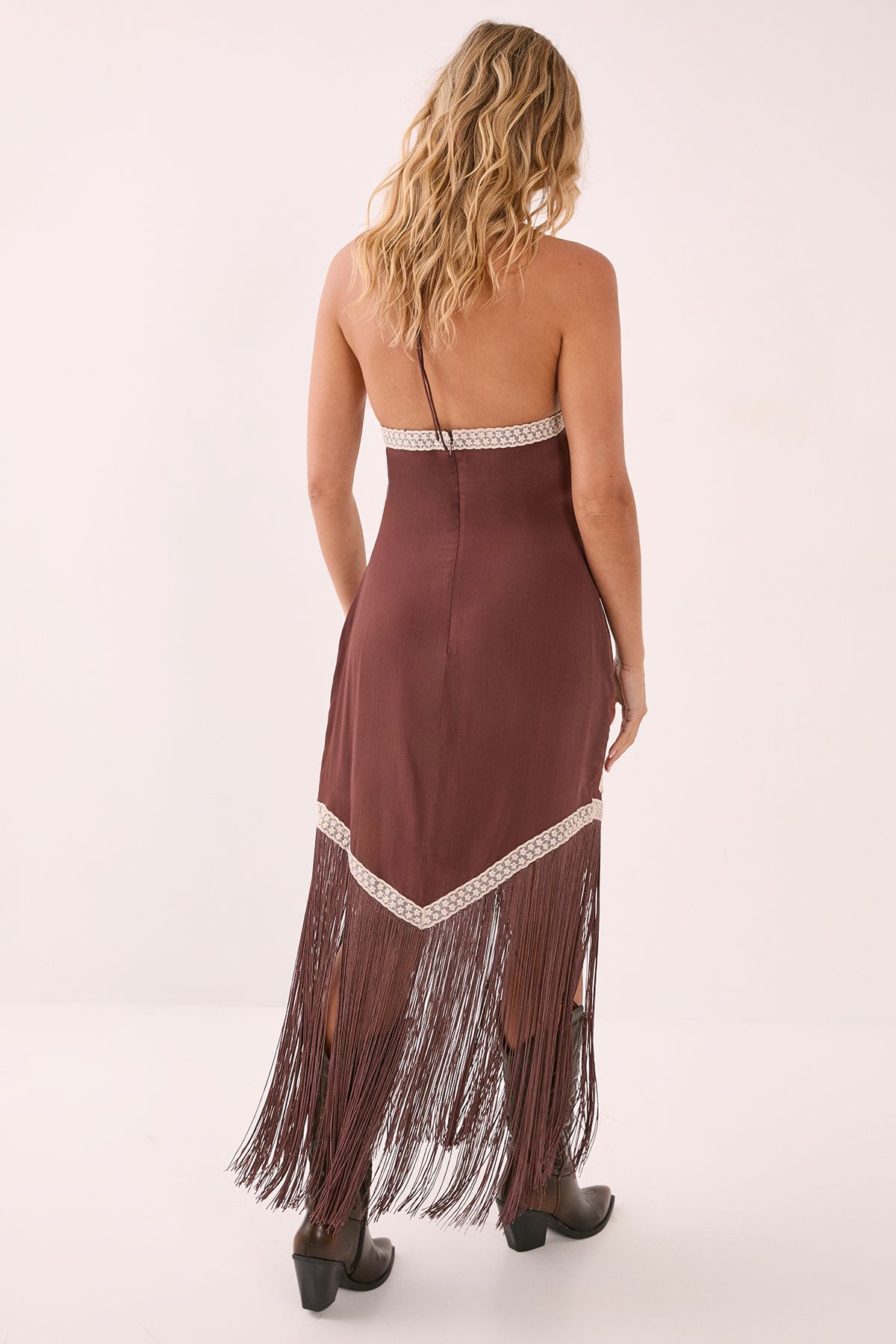 NastyGal Western Embroidered Halter Neck Fringe Mini Dress Chocolate image 4