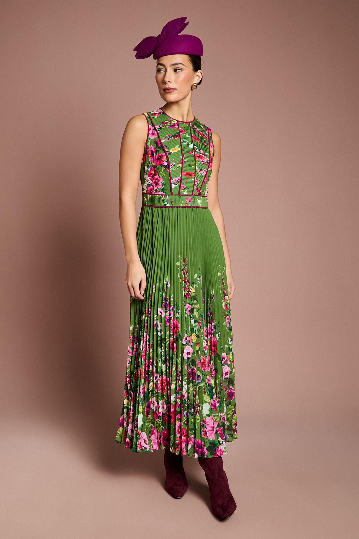 Coast Lisa Tan Pleated Piped Bodice Printed Midi Dress Green