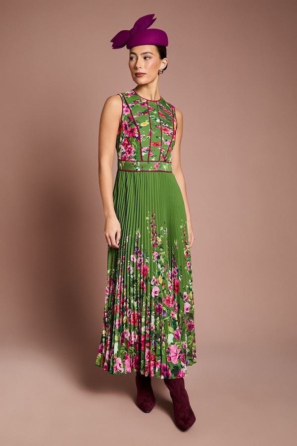 Coast Lisa Tan Pleated Piped Bodice Printed Midi Dress Green