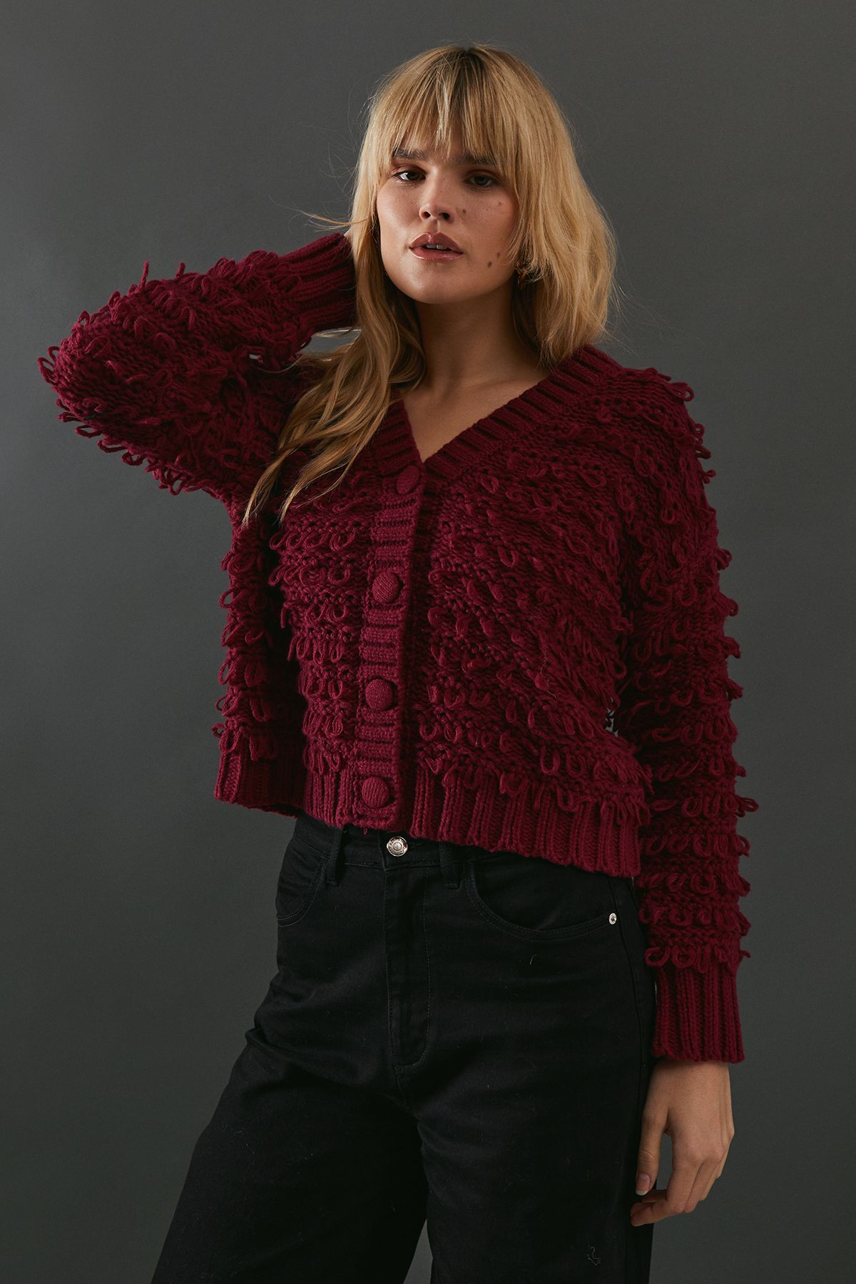 Warehouse Shaggy Button Down Cardigan Wine image 1