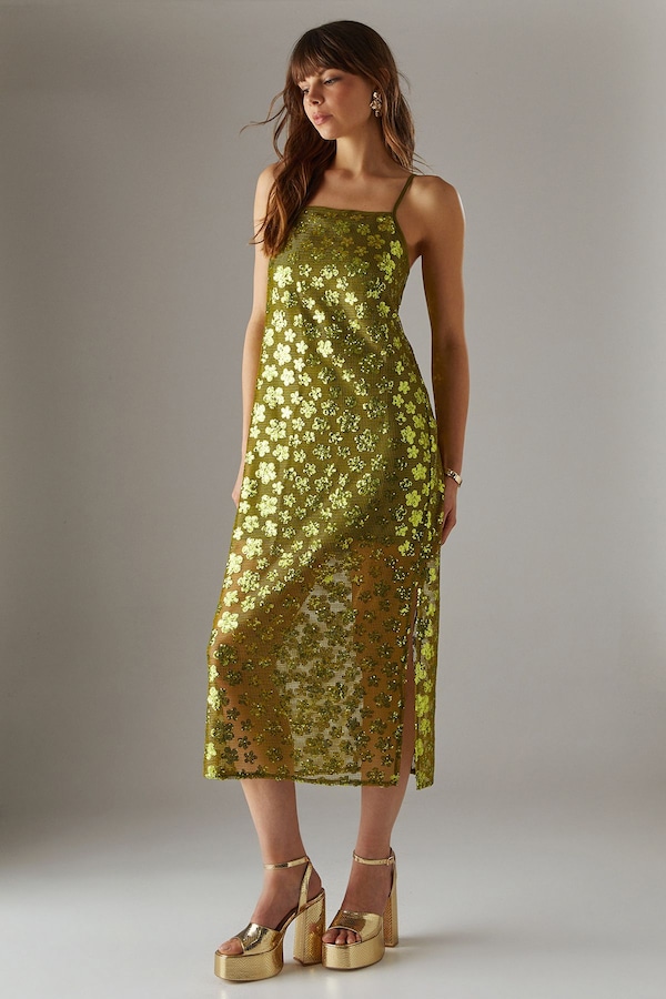 Warehouse Sequin Mesh Strappy Midi Dress Chartreuse