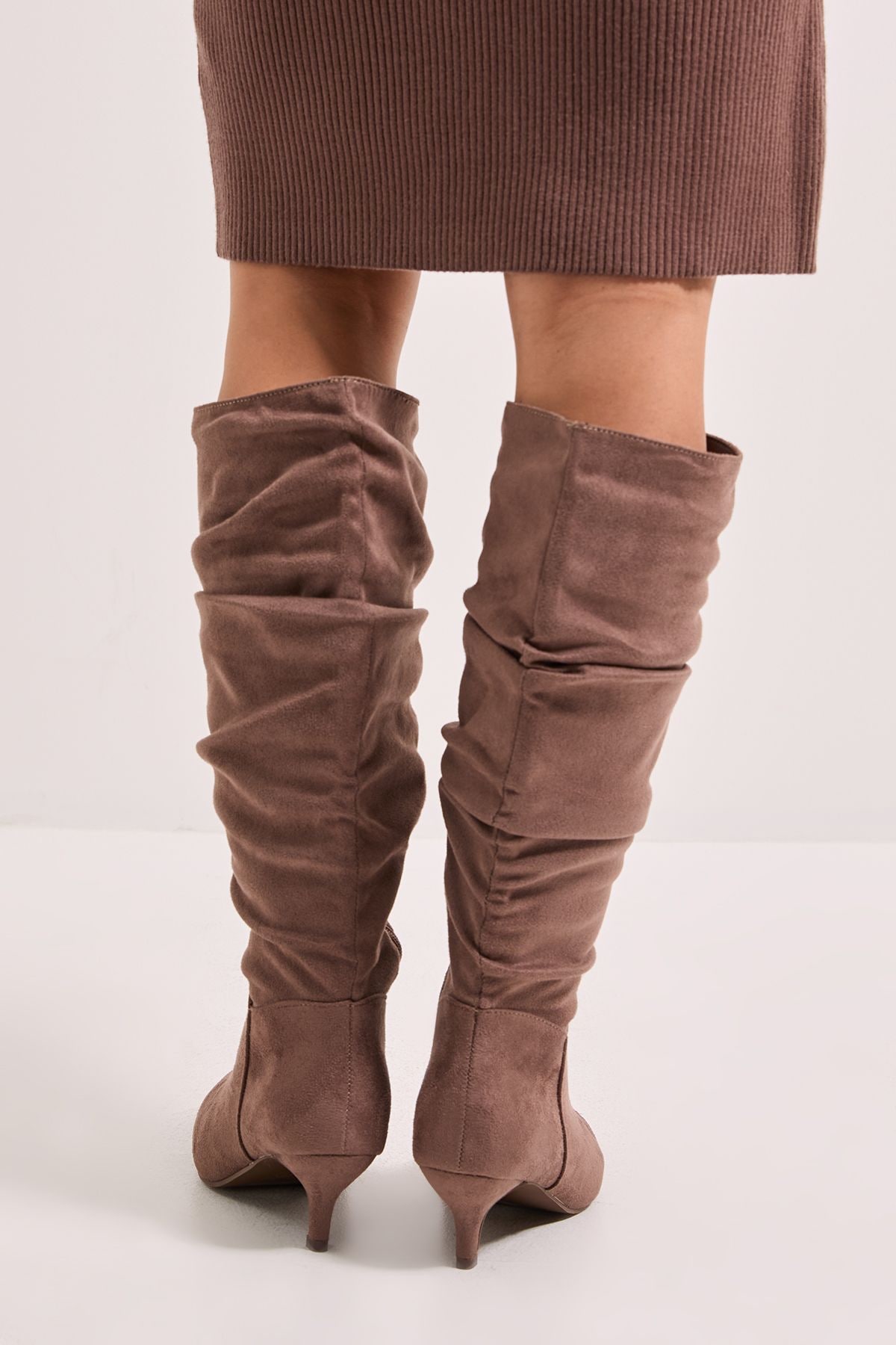 Dorothy Perkins Wide Fit Khloe Faux Suede Kitten Heel Knee High Ruched Boots Taupe image 3