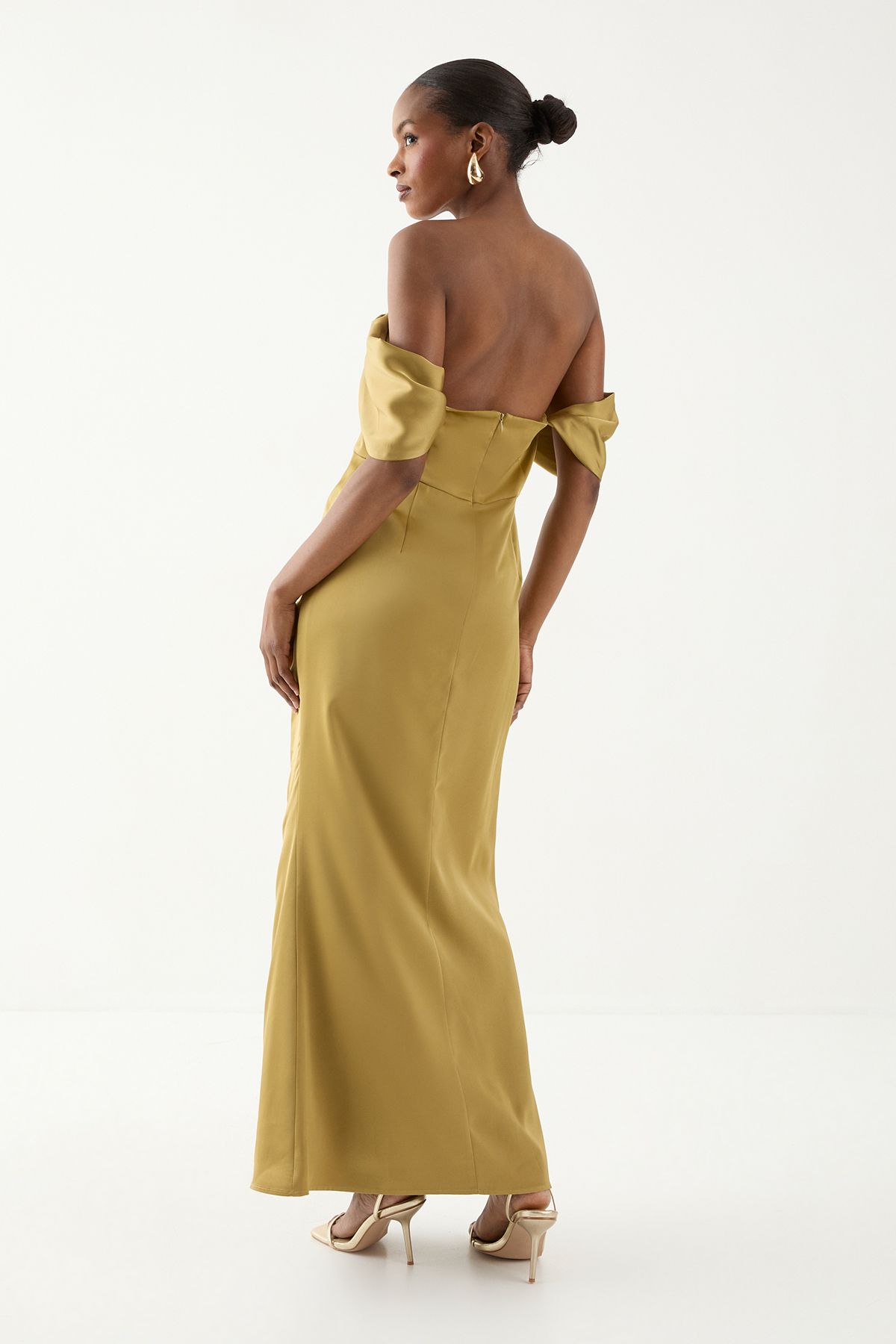 MissPap Bardot Ruched Satin Bridesmaid Dress Olive image 5
