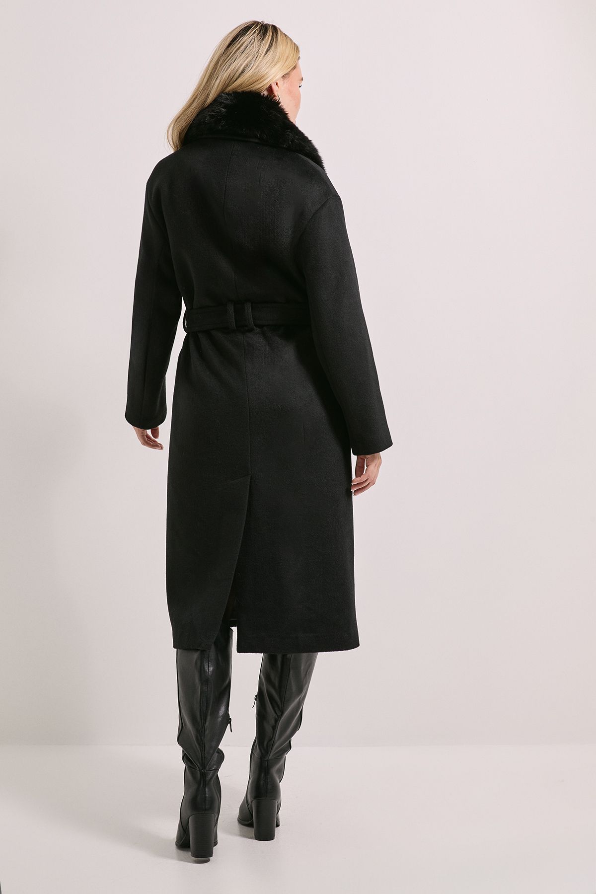 Dorothy Perkins Faux Fur Collar Belted Longline Coat Black image 3