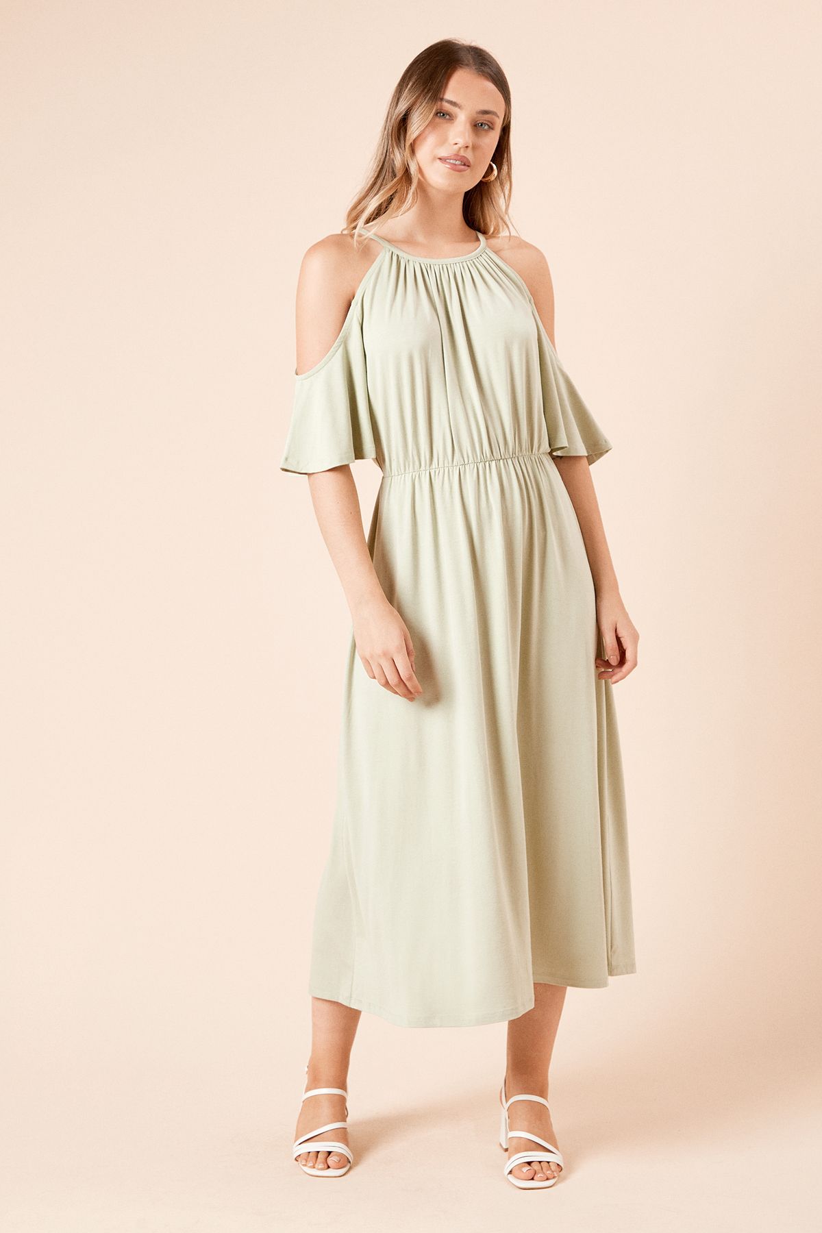 Dorothy Perkins Cold Shoulder Halterneck Jersey Midi Dress Sage image 1