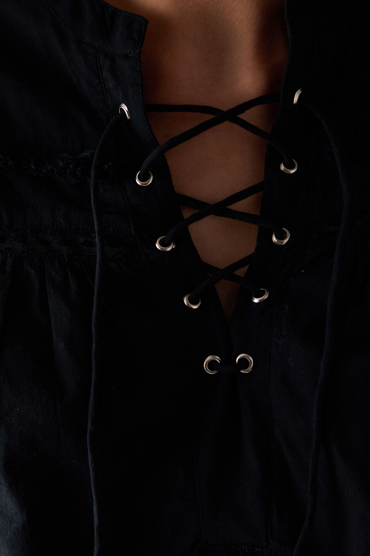 Warehouse HCD Cotton Lace Trim Insert Boho Blouse Black image 5