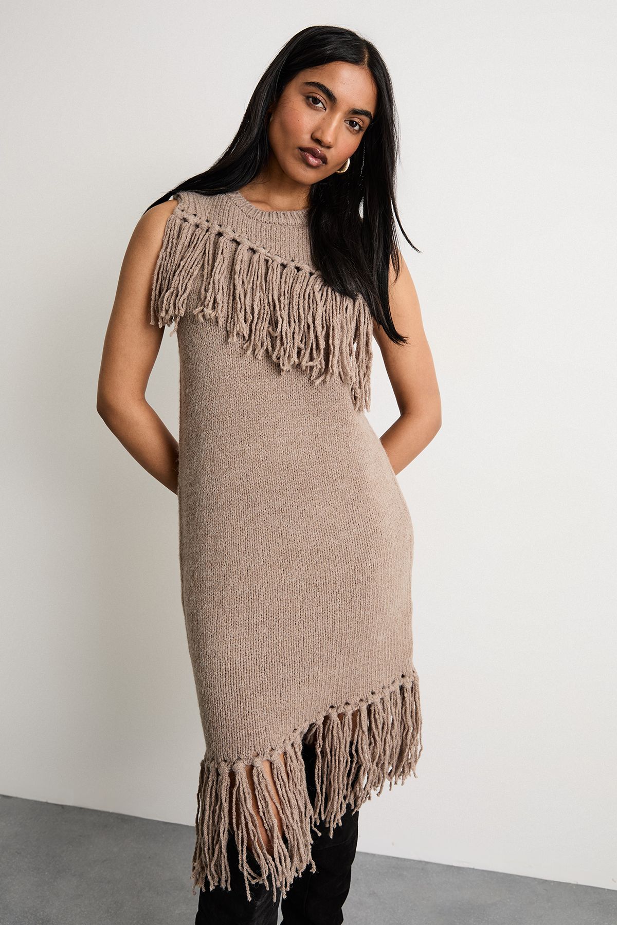 Warehouse Fringe Column Mini Dress Tan
