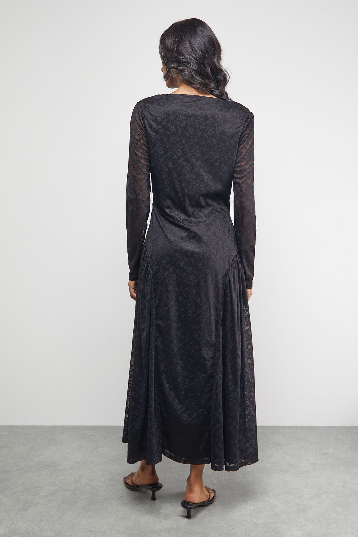Warehouse Lace V Neck Godet Detail Midi Dress Black image 3