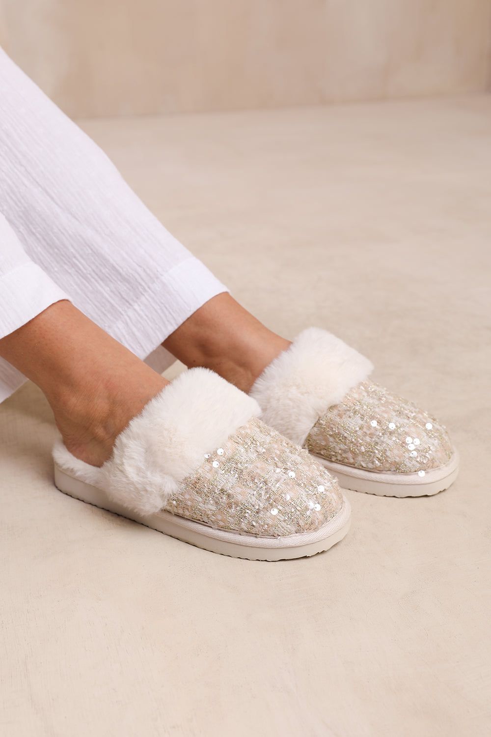 Where's That From 'Snuggle' Slip On Sequin Slippers With Fur Trim image 4