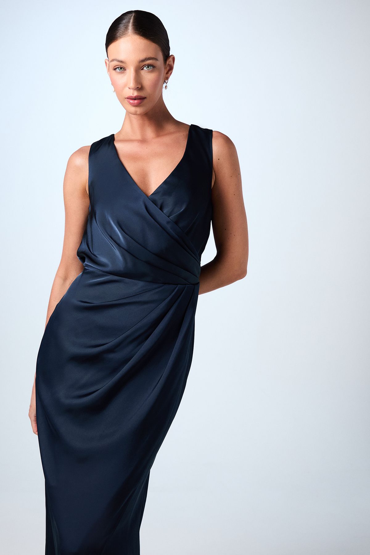 Coast Ruched Waist Detail Satin Bridesmaid Dress Navy image 2