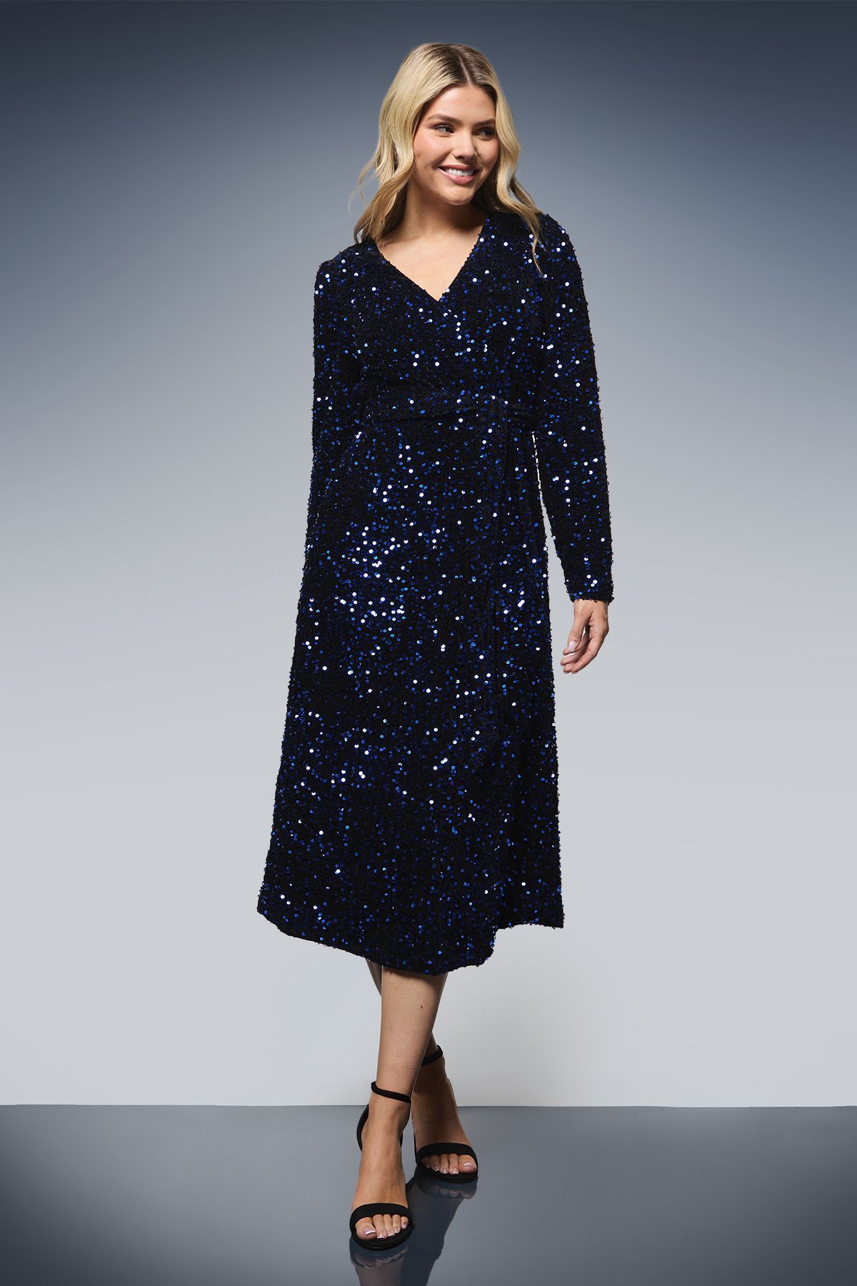 Dorothy Perkins Cobalt Velvet Sequin Wrap Midi Dress PLT
