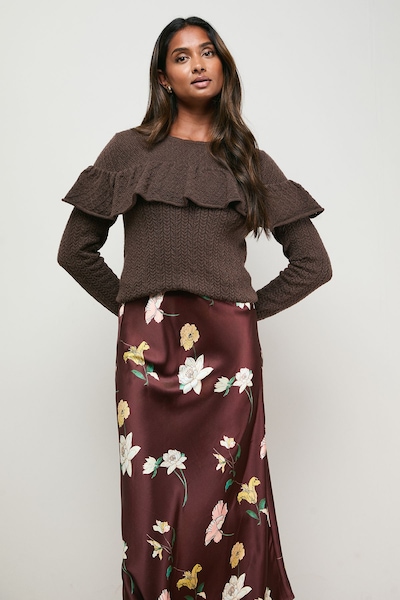 Oasis Frill Yoke Detail Pointelle Jumper Mocha