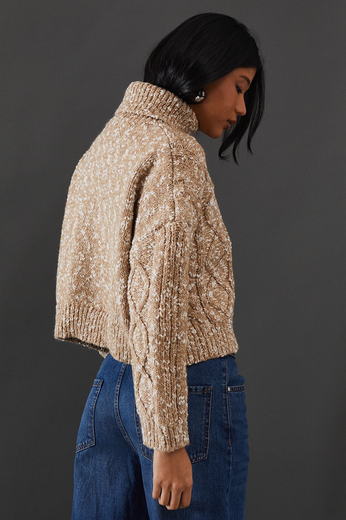 Warehouse Cable Knit Roll Neck Jumper Camel image 3