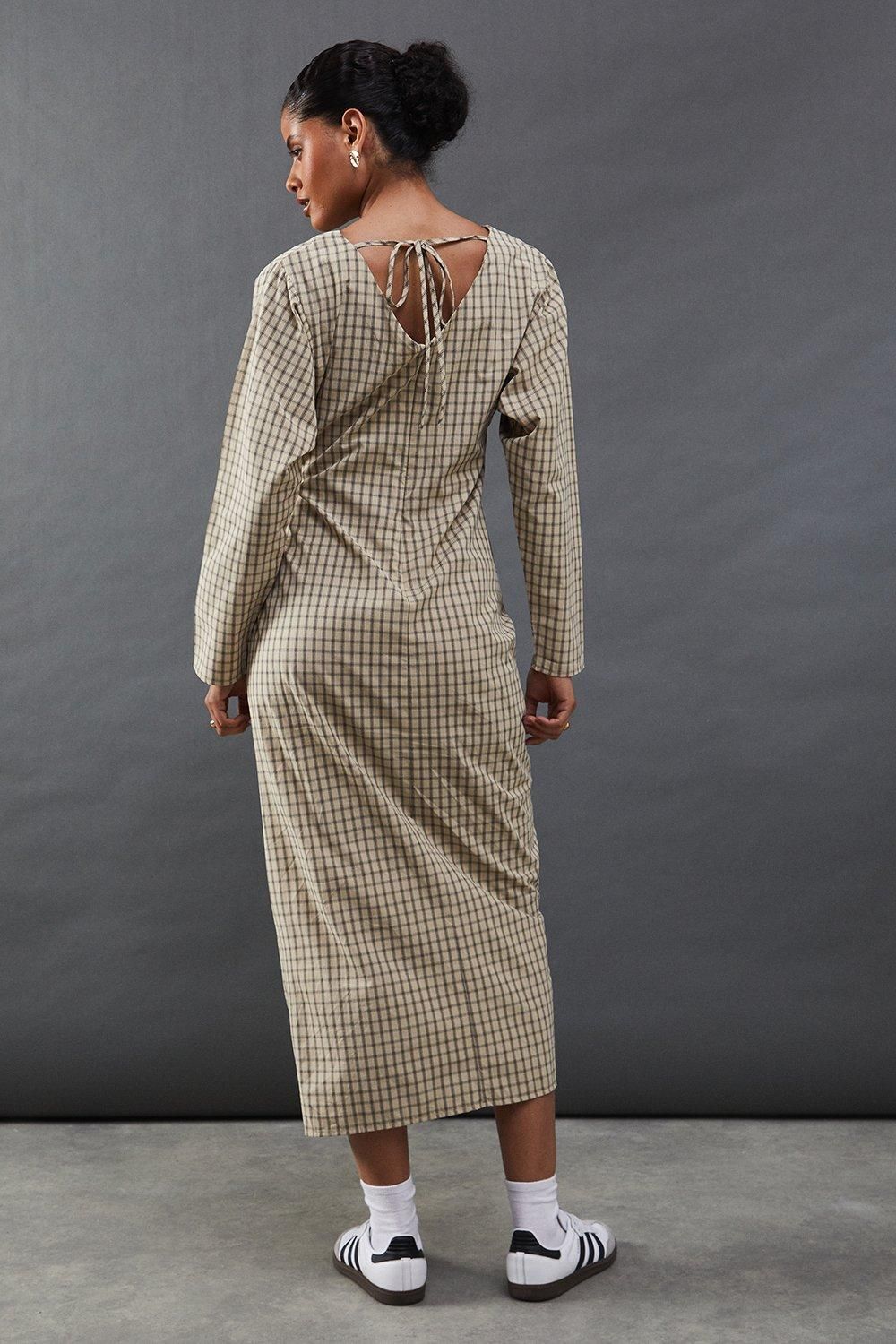 Warehouse Check Batwing Channel Detail Midi Dress Beige image 3