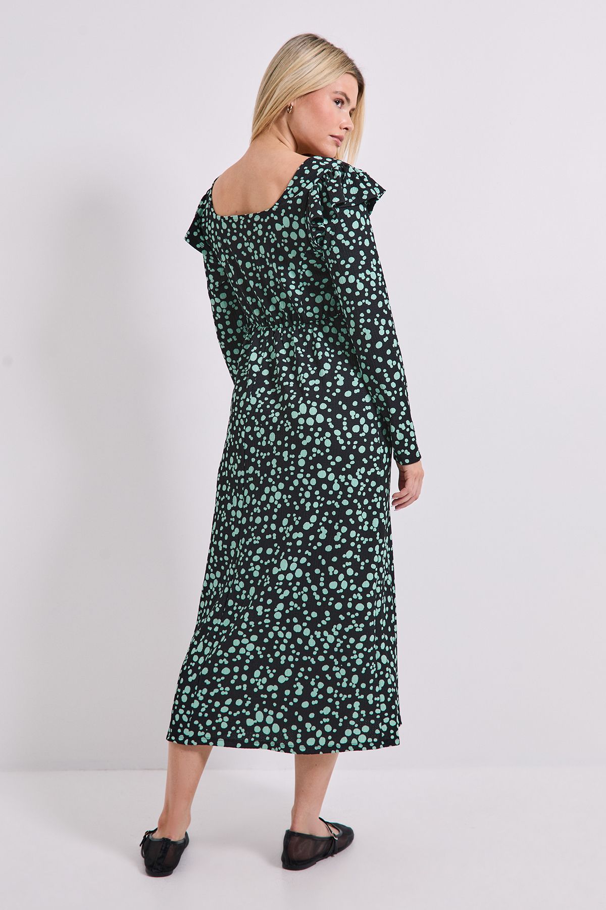 Dorothy Perkins Green Spot Square Neck Ruffle Shoulder Jersey Midi Dress Green image 3