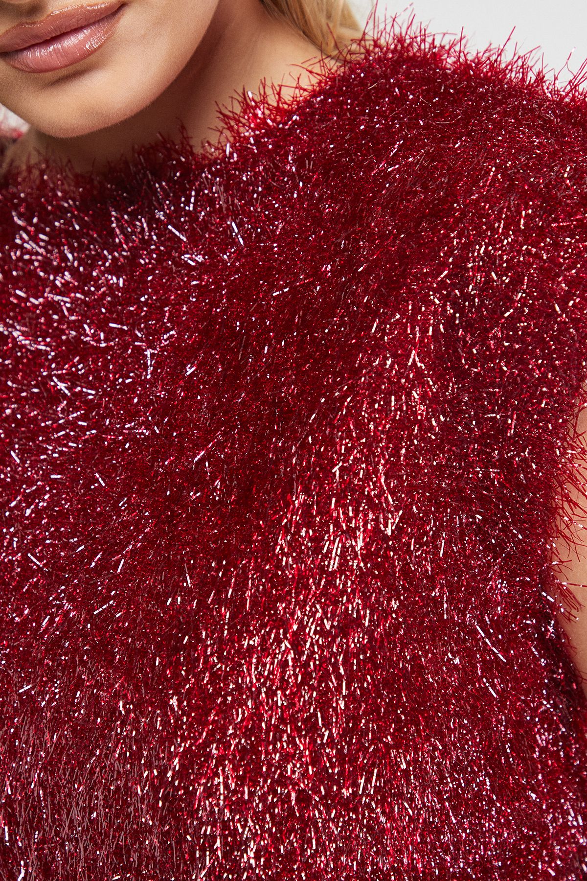 Warehouse Tinsel Fluffy Drop Waist Mini Dress Dark Red image 5