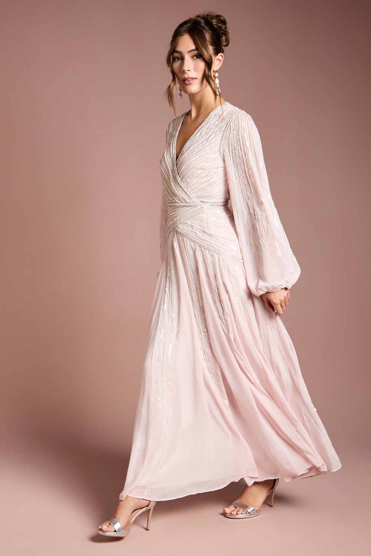Coast Long Sleeve Linear Embellished Maxi Dress Blush image 1