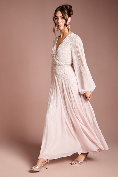 Coast Long Sleeve Linear Embellished Maxi Dress Blush