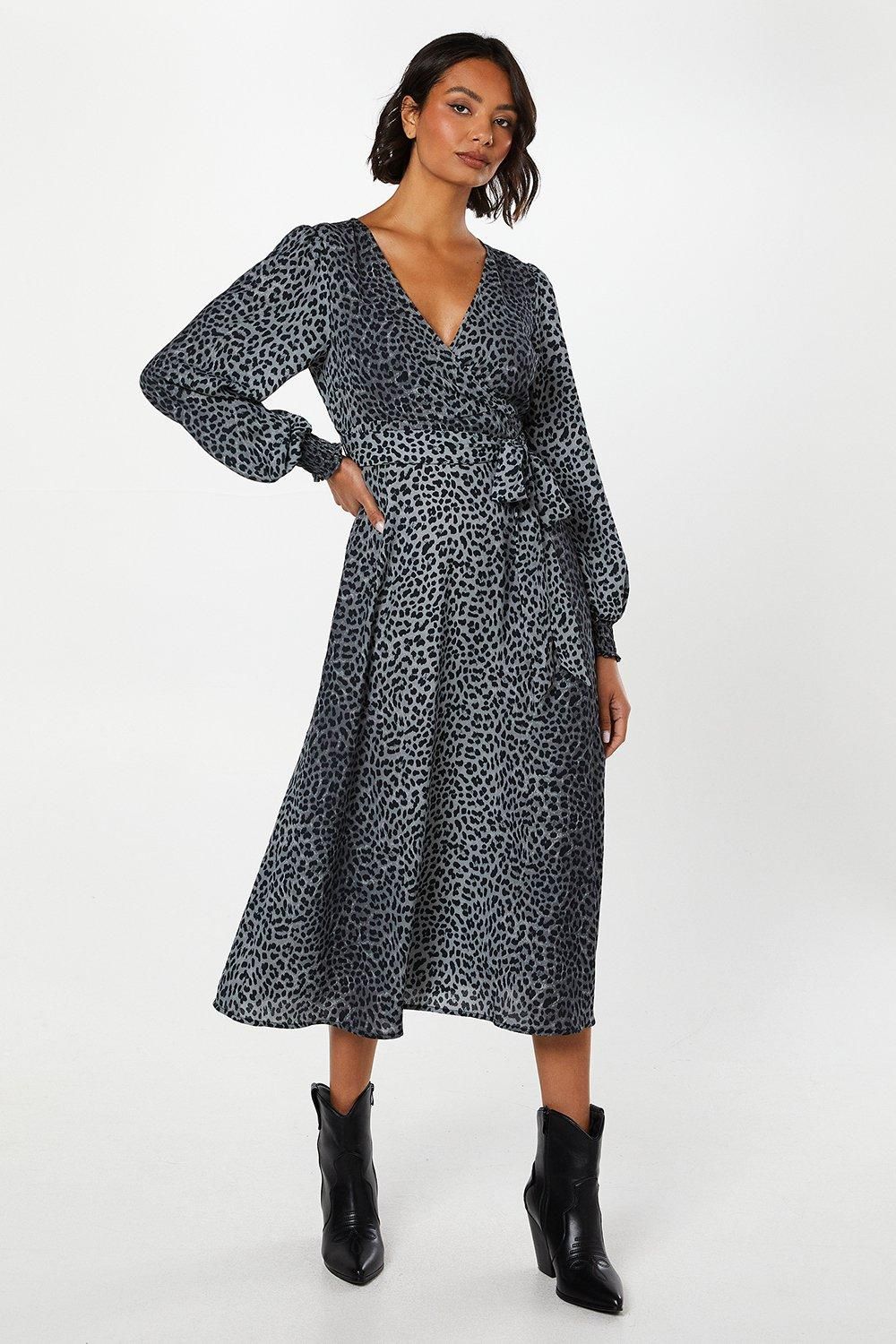 Dorothy Perkins Black Animal Long Sleeve Wrap Midi Dress Animal image 1