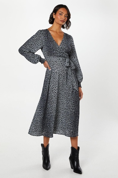 Dorothy Perkins Black Animal Long Sleeve Wrap Midi Dress Animal