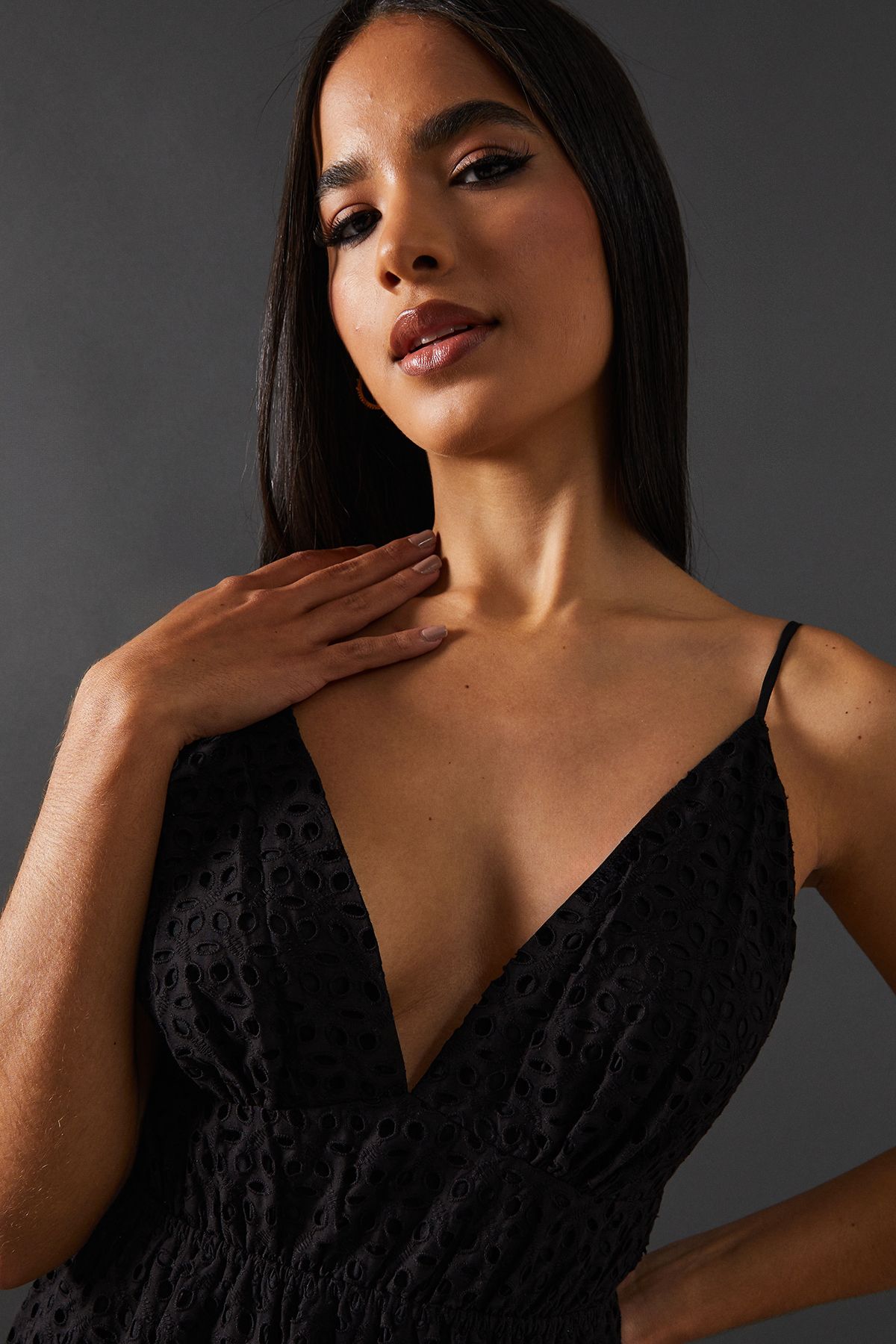 Warehouse Broderie Strappy Midi Sundress Black image 2