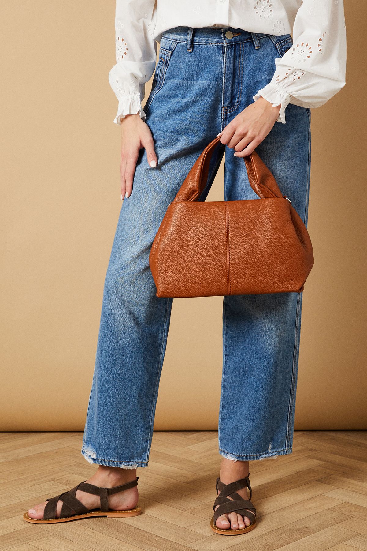 Oasis Penny Faux Leather Grab Bag With Adjustable strap Tan image 1