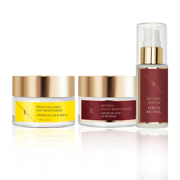 Erth Skin London Retinol Routine: Serum 60ml , Night Cream 50ml & Collagen Day SPF 50