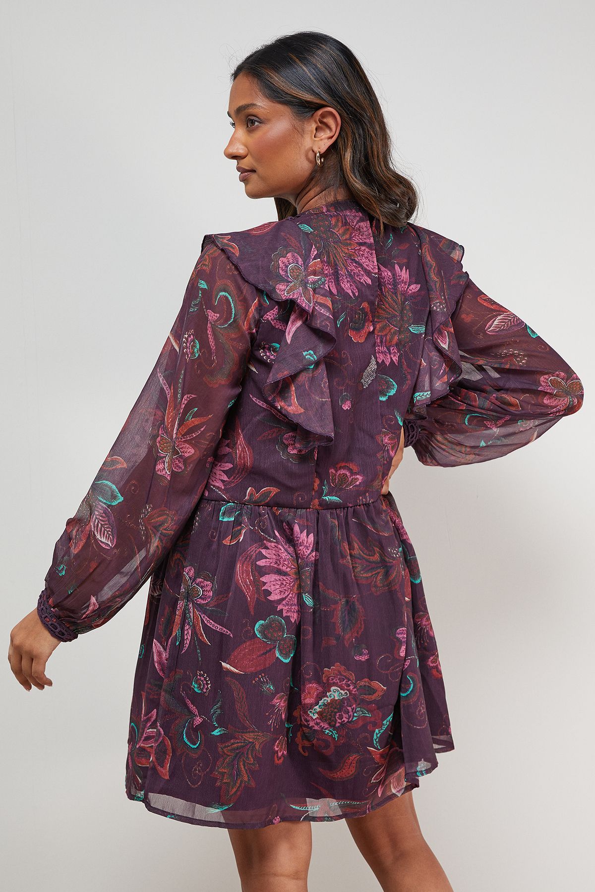 Oasis Printed Frill Detail Chiffon Mini Dress Multi image 3