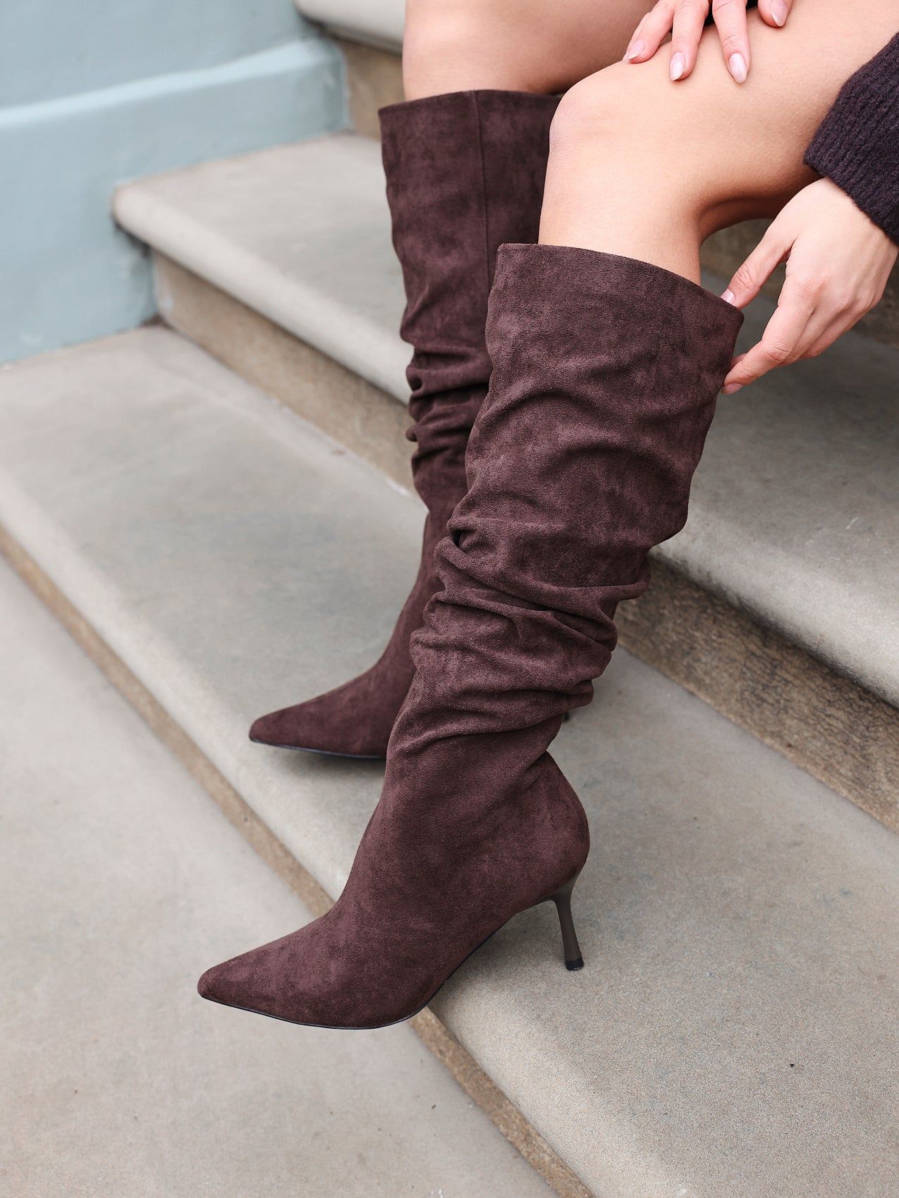 Linzi Rosenna Brown Faux Suede Ruched High Leg Heeled Boot image 2