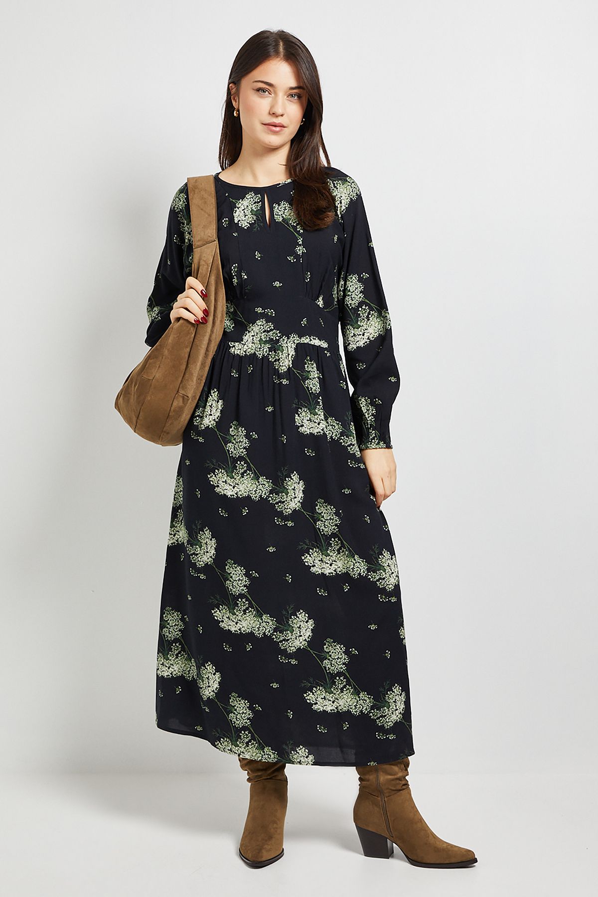 Dorothy Perkins Black Floral Blouson Sleeve Keyhole Detail Midi Dress Floral