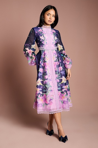 Coast Petite Place Print Organza Lace Trim Midi Dress Navy