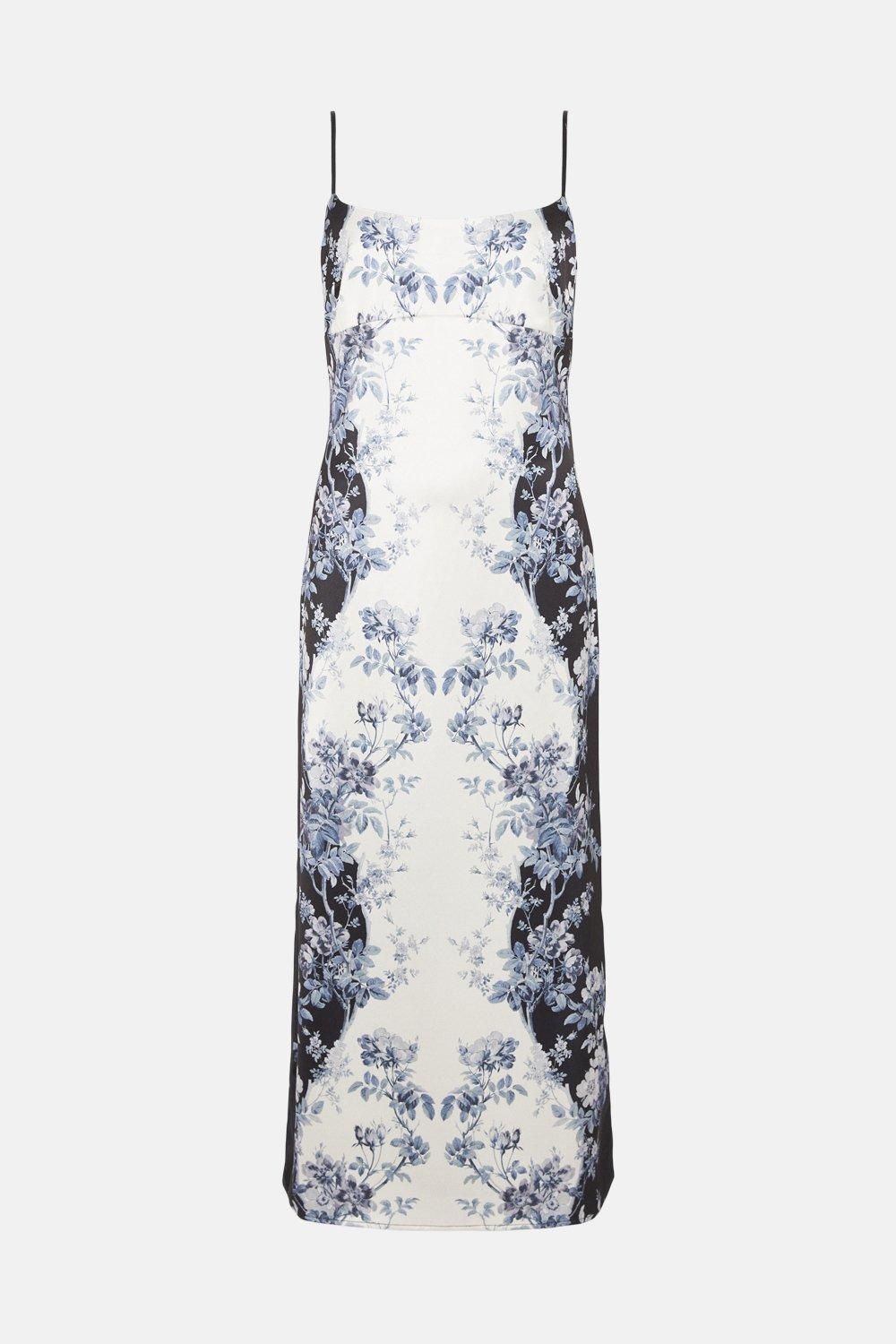 Oasis Mono Floral Empire Seam Strappy Satin Slip Dress Blackwhite image 4