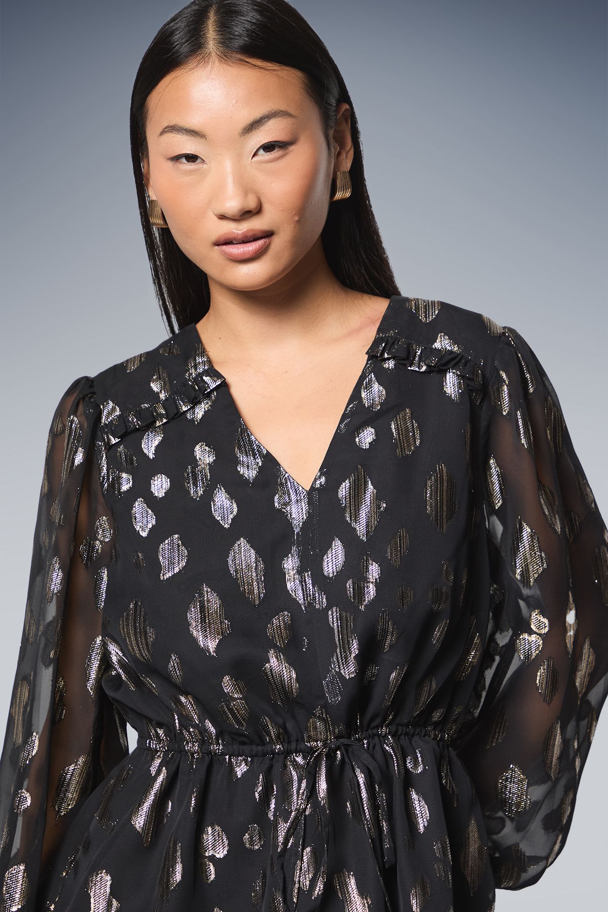 Dorothy Perkins Petite DP Luxe Drawstring Waist Frill Detail Long Sleeve Blouse Black image 3