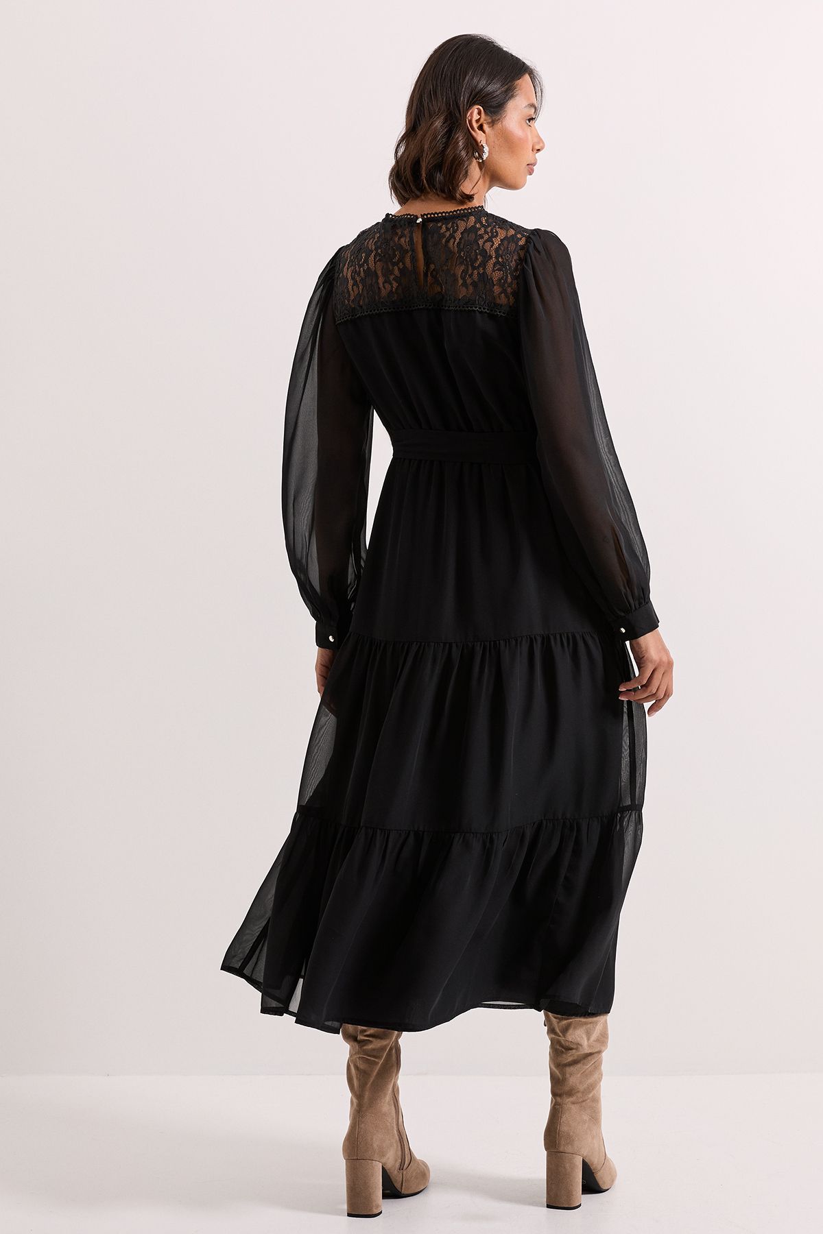 Dorothy Perkins Lace Yoke Blouson Sleeve Tiered Midaxi Dress Black image 3