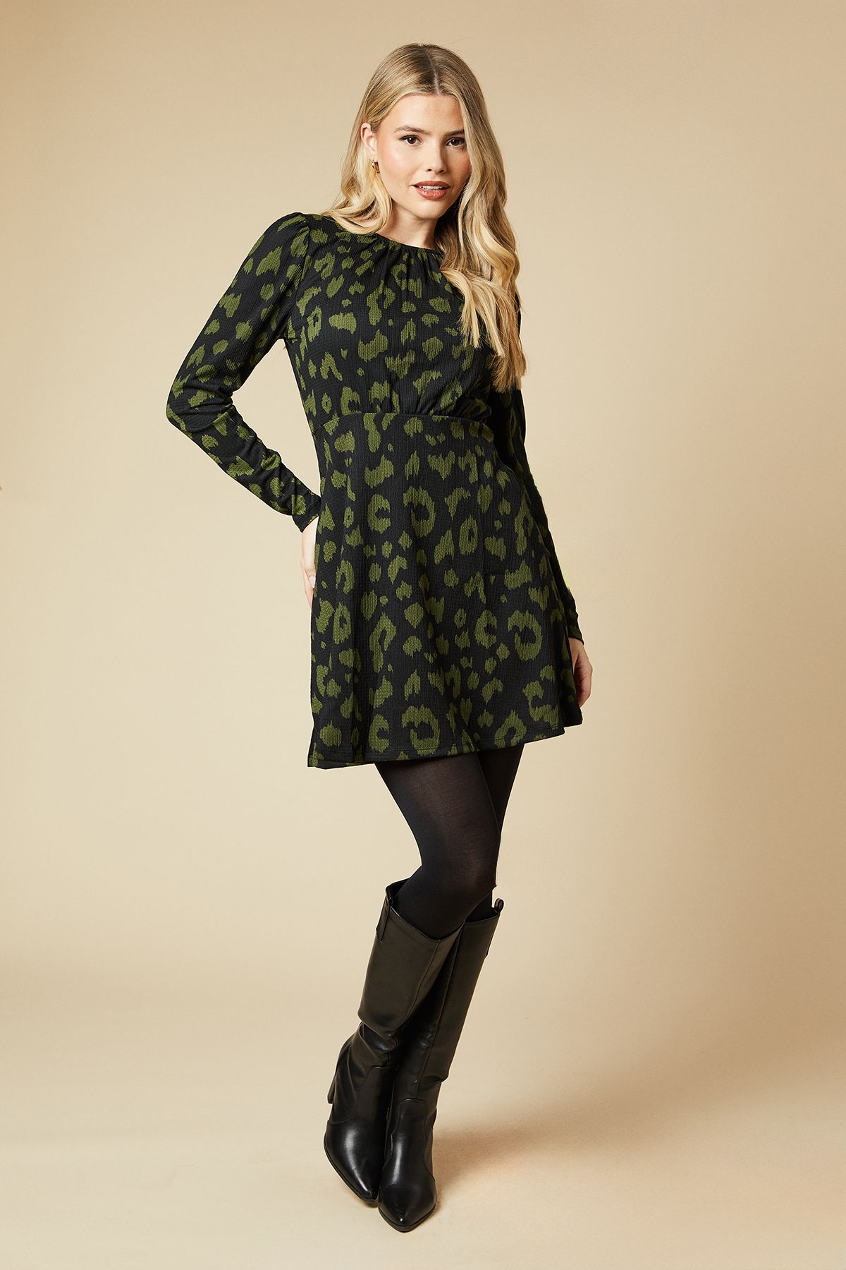 Dorothy Perkins Puff Sleeve Fit And Flare Mini Dress Khaki