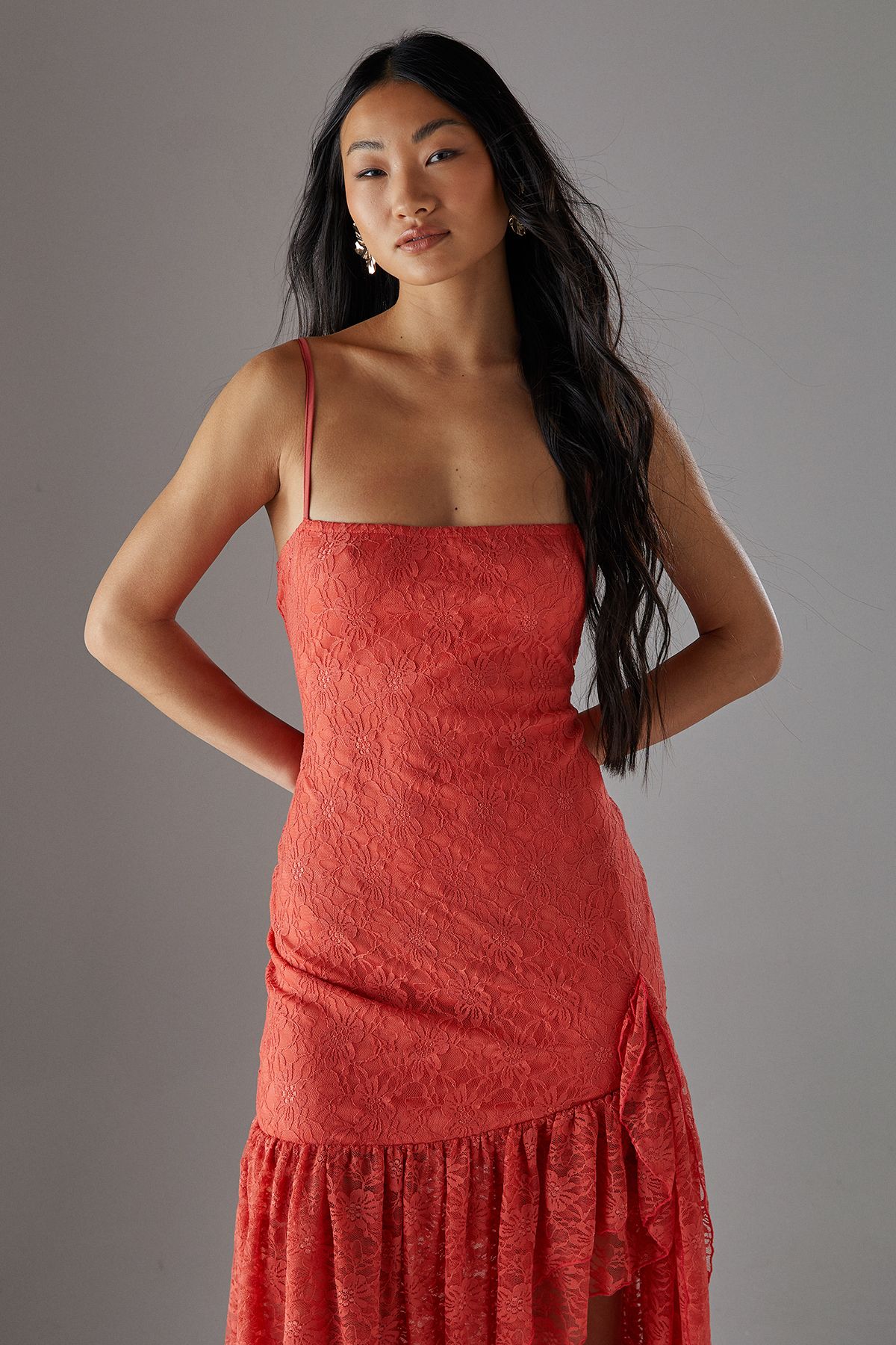 Warehouse Petite Lace Strappy Drop Waist Ruffle Midi Dress Coral image 3