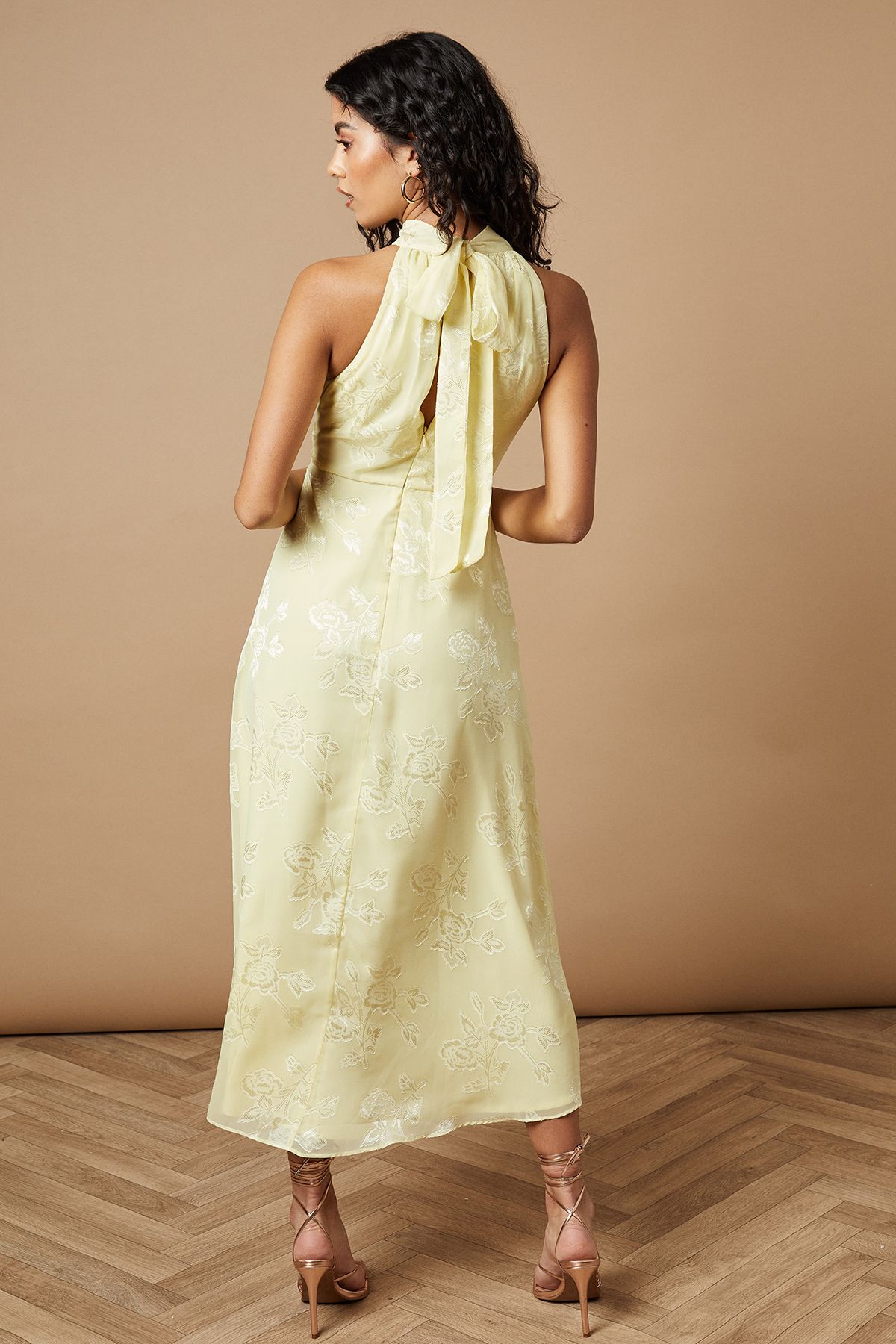 Oasis Petite Plain Satin Burnout Halterneck Midi Dress Butter image 3