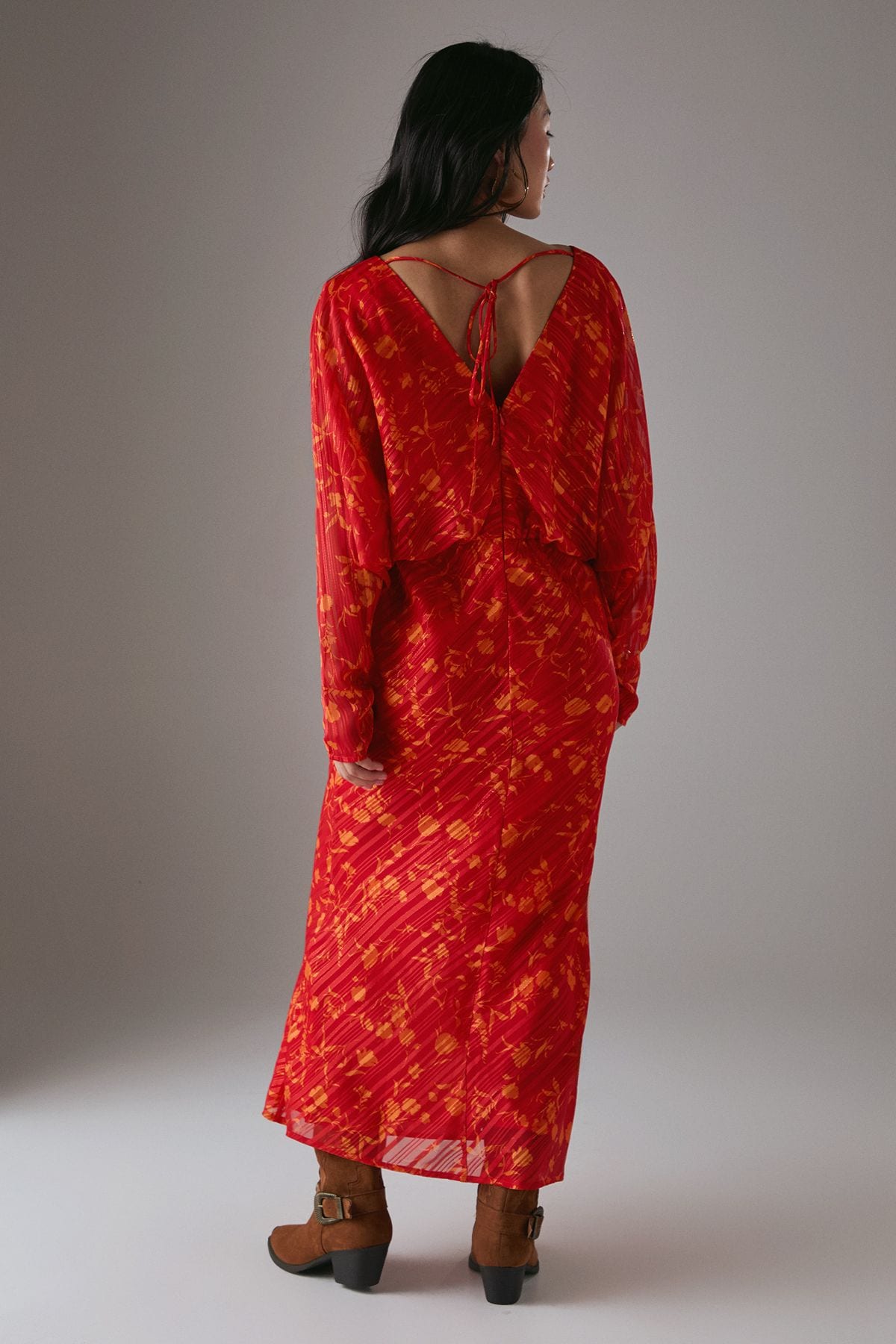 Warehouse Petite Shadow Stripe Batwing Plunge Neck Midi Dress Red image 3