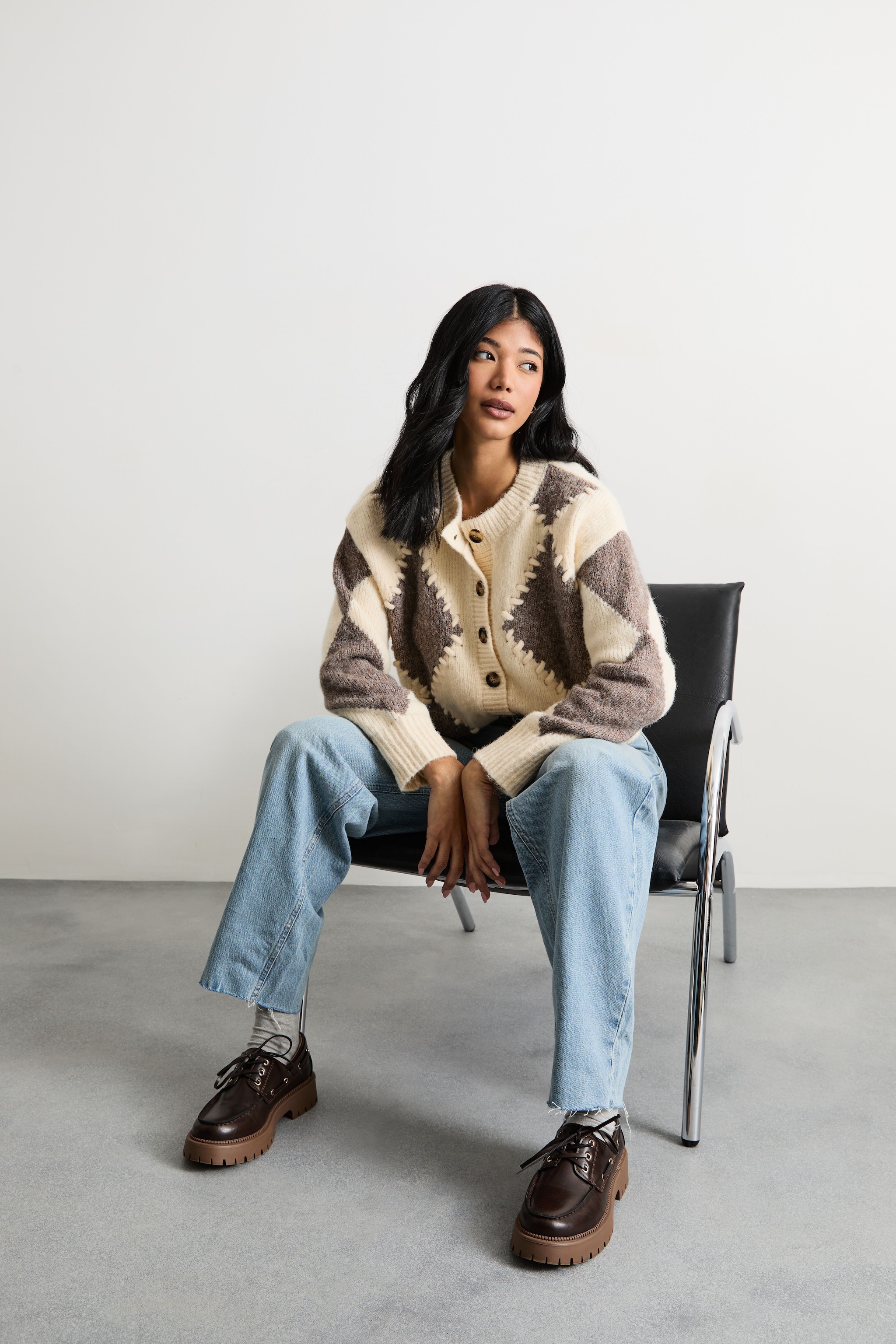 Warehouse Argyle Stitch Detail Cardigan Ivory image 4