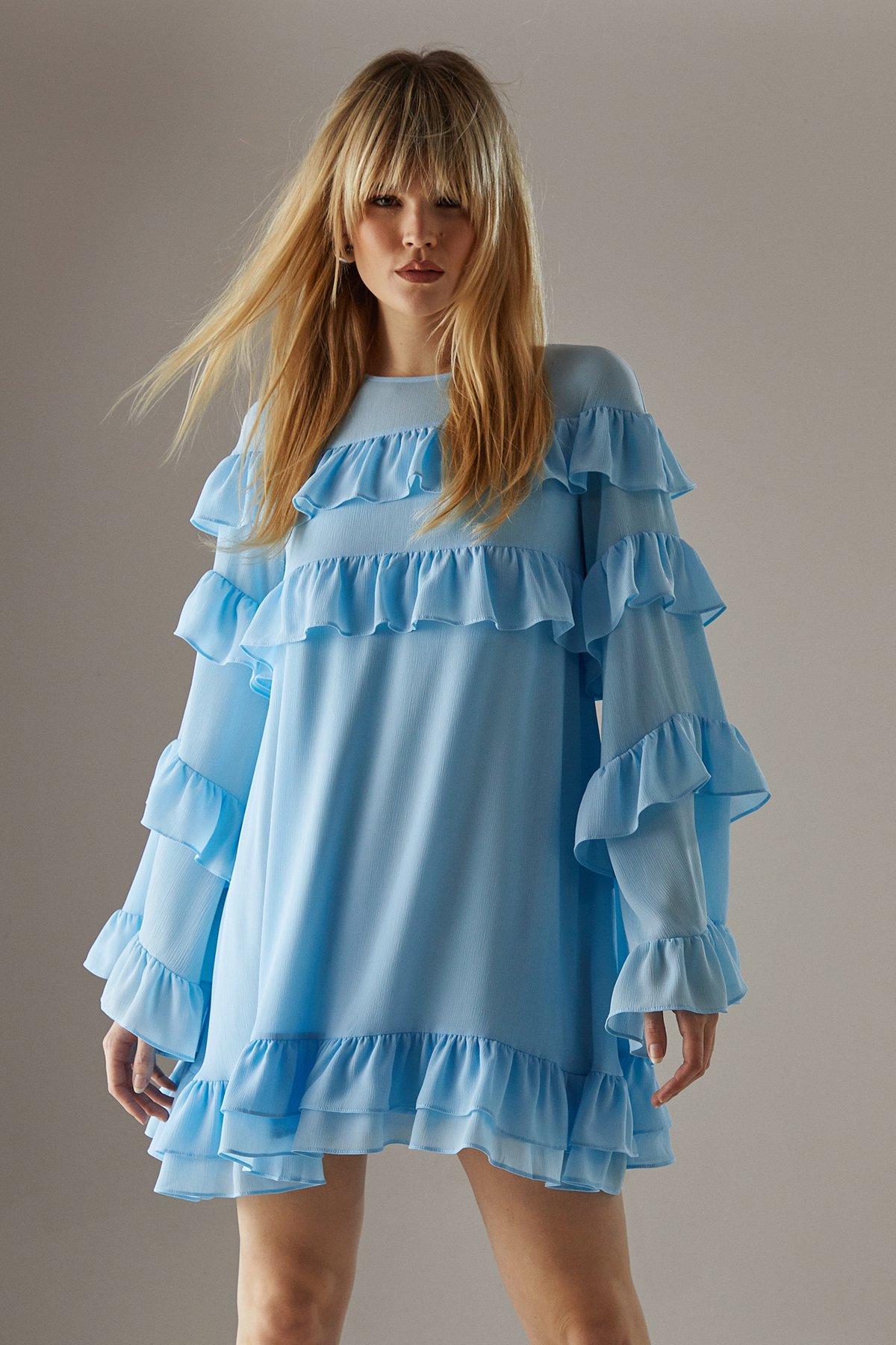 Warehouse Chiffon Ruffle Flared Sleeve Mini Smock Dress Pale Blue image 1