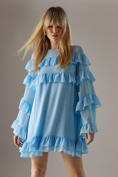 Warehouse Chiffon Ruffle Flared Sleeve Mini Smock Dress Pale Blue