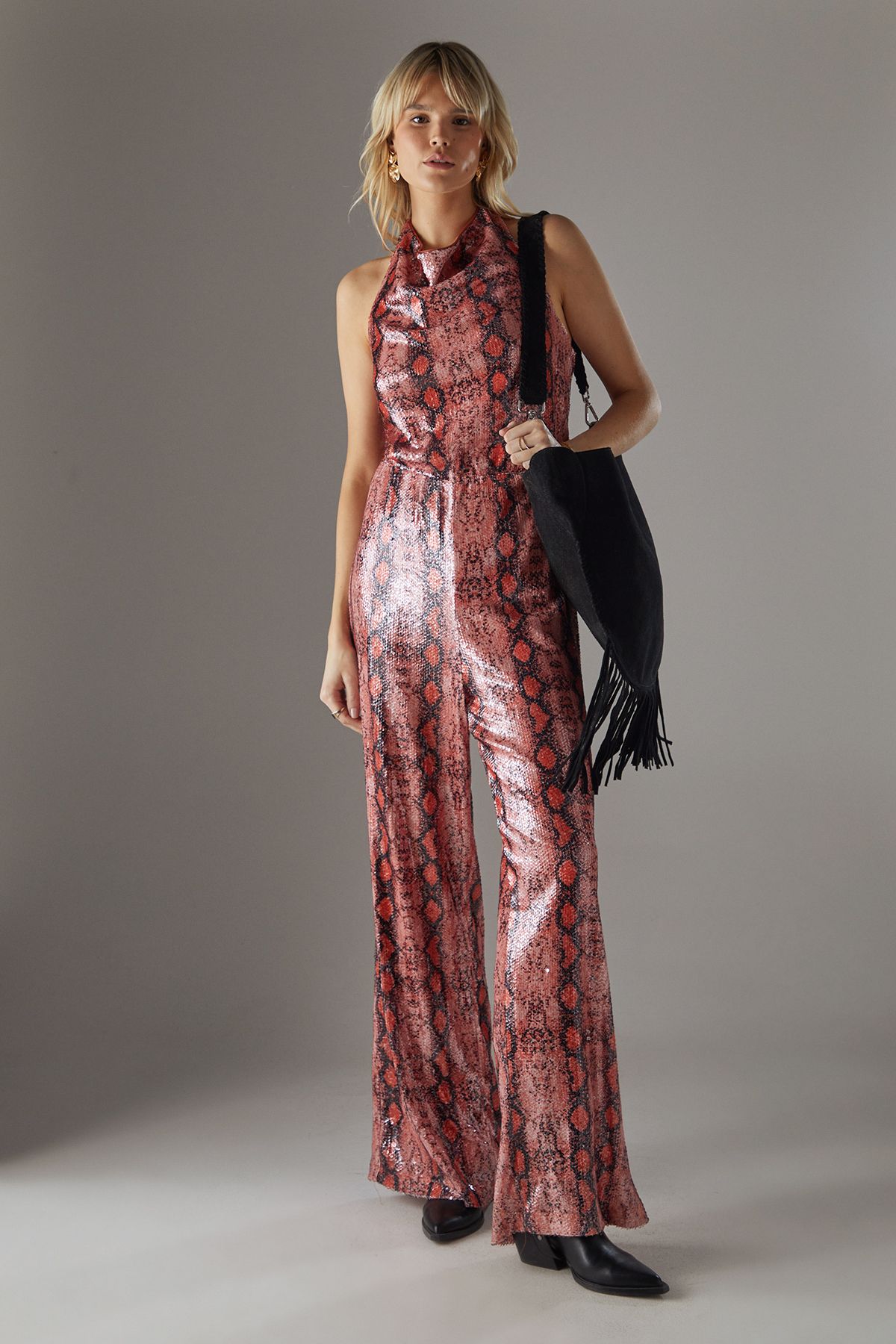 Warehouse Snake Sequin Cowl Neck Drop Waist Jumpsuit Orange image 1