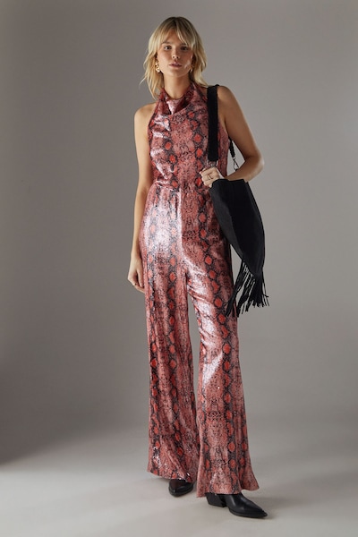 Warehouse Snake Sequin Cowl Neck Drop Waist Jumpsuit Orange