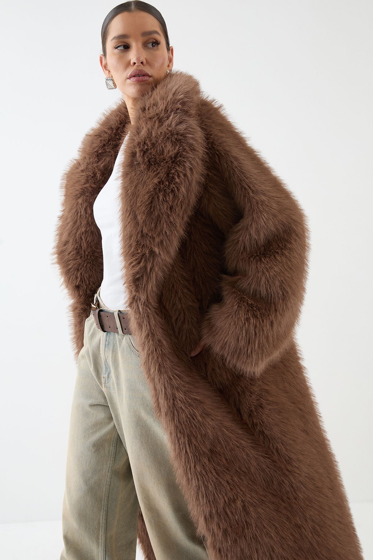 MissPap Long Faux Fur Wide Collar Coat Brown image 2