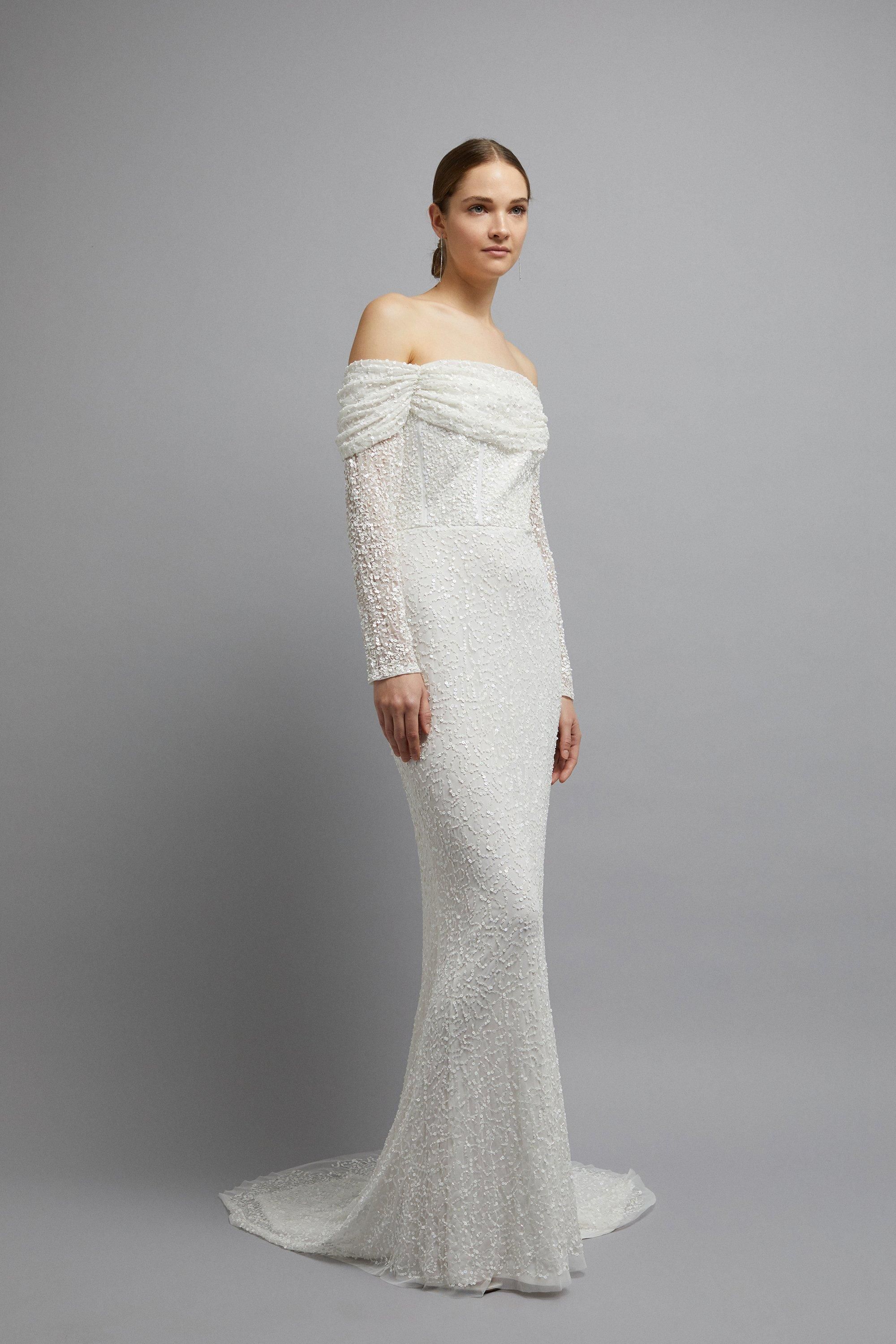 Coast Coast Honoured Sequin Draped Bardot Long Sleeve Maxi Wedding Dress Ivory image 5