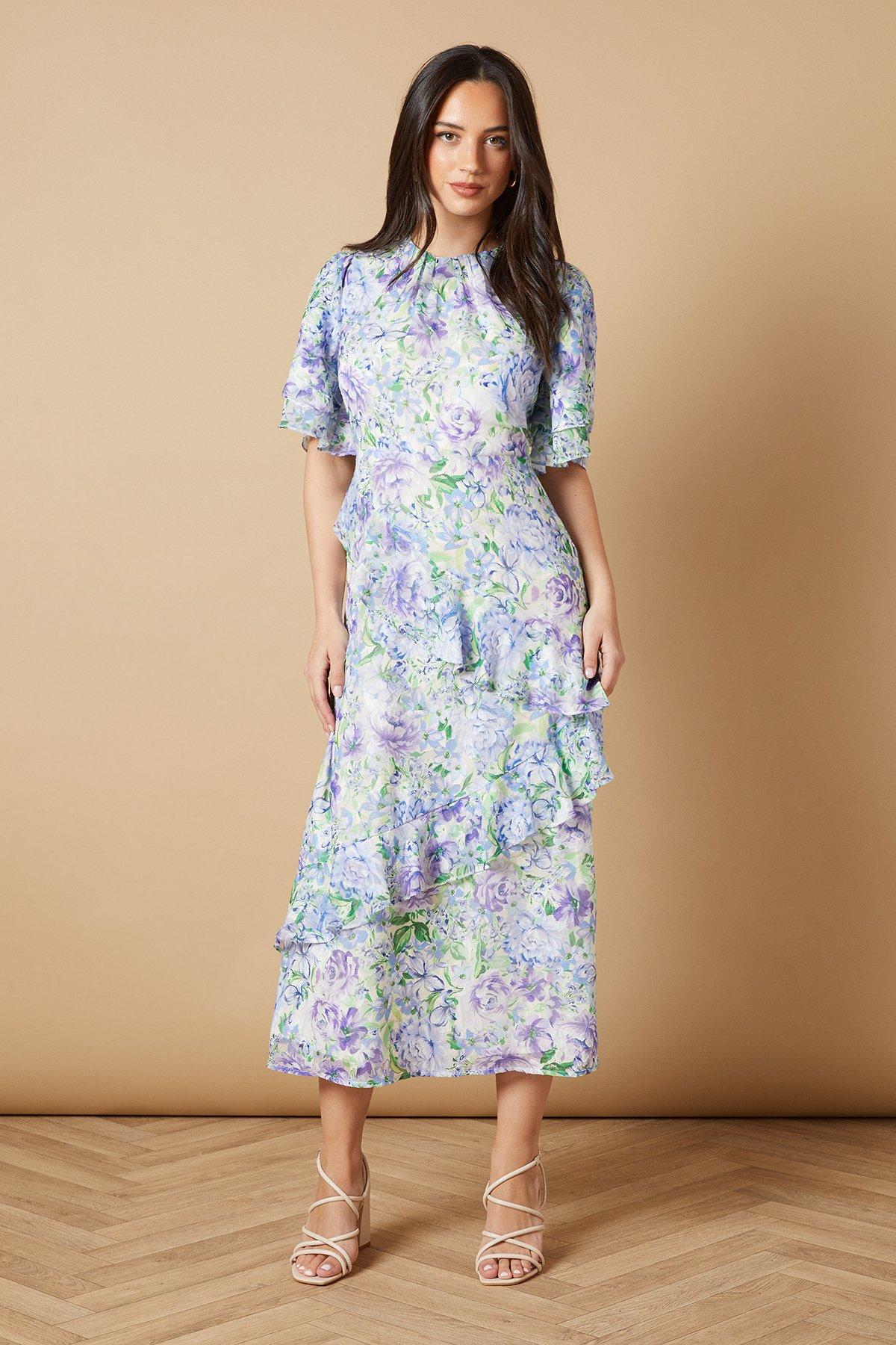 Oasis Occasion Floral Asymmetric Ruffle Jacquard Midi Dress Blue image 1