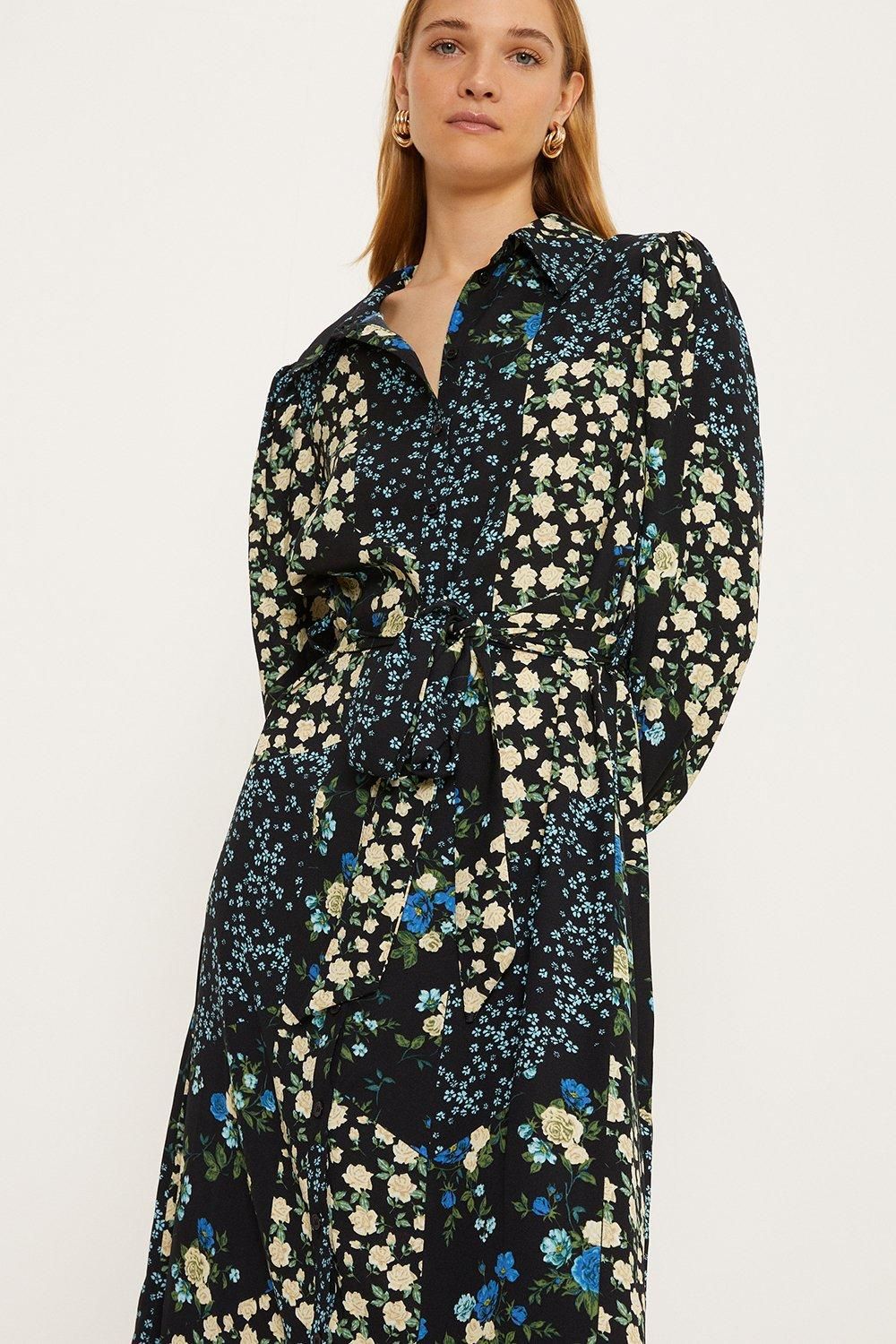 Oasis Blue Floral Tie Midi Shirt Dress Black image 4