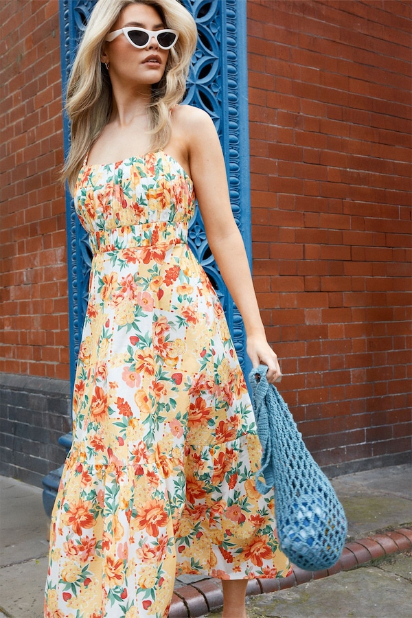 Dorothy Perkins Channel Waist Tiered Hem Strappy Midi Dress Floral